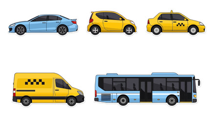 Collection of colorful vector illustrations of different transportation vehicles