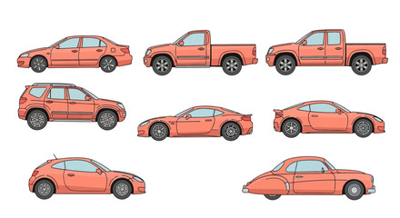 Collection of different car types illustrated in red side views for design