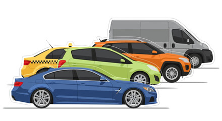 Collection of modern car designs in white and yellow colors isolated on white background