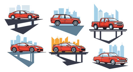 Collection of red vehicles with city skyline background vector illustration