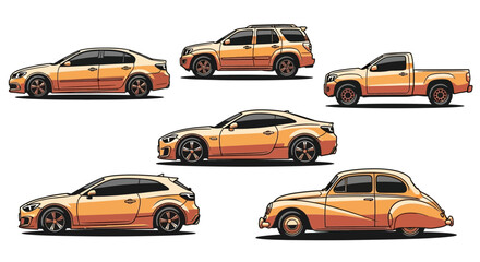 Collection of orange vehicles sedan suv truck coupe hatchback classic car