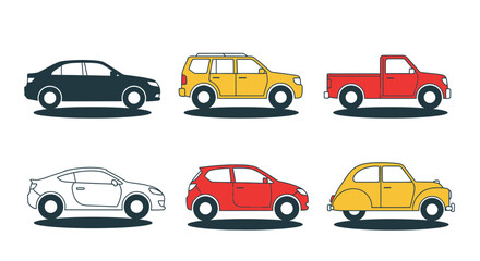 Collection of six colorful car illustrations in vector style