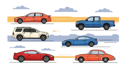 Collection of six colorful cars with cloudy sky vector illustration