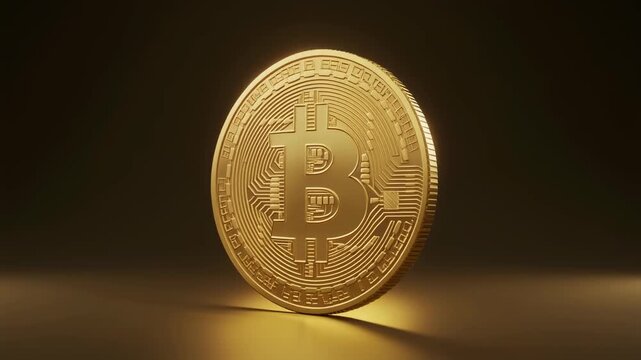 Golden Bitcoin Cryptocurrency Coin Rotating Slowly in a Dramatic Spotlight.