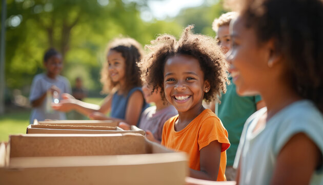 Children help with charity event sorting items into boxes outdoors. Young volunteers smile, showing kindness, teamwork during community service. Kids learn about giving back, helping others in park.