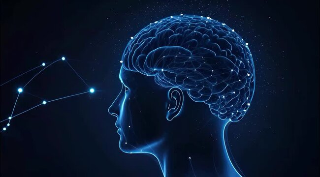 Hologram brain head blue, Neuroscience Innovation &ndash; Glowing Blue Brain Interface, Digital Human Head with Glowing Blue Holographic Brain, Futuristic Neural Network Brain Hologram in Blue Light, Sci-Fi