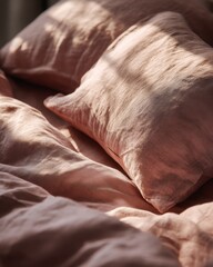 Macro shot of soft linen bedding and pillows in Dusty Rose color.