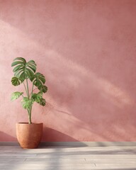 A minimalist room with a feature wall painted in Dusty Rose.
