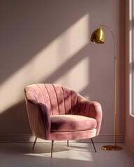 A stylish mid-century modern armchair in Dusty Rose velvet.