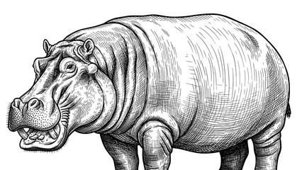 Fototapeta premium Detailed illustration of a hippopotamus standing alone, showcasing its robust body and open mouth from a side viewpoint.