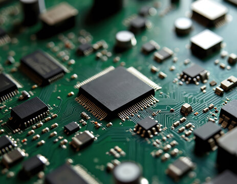 Close up of computer motherboard with many electronic components. Green circuit board shows microchips and capacitors. Digital technology hardware.