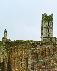 Timoleague Friary. Ancient stone monastery ruins against a bright sky. Historical Irish abbey in a state of disrepair.