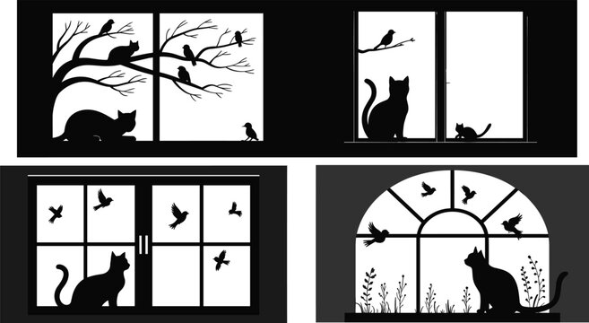 Cat window silhouette illustration, black and white artwork, curious feline design, nature observation scene, birds and mouse interaction, decorative graphic