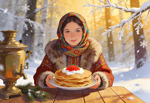 Young woman in traditional Russian costume holding stack of pancakes with sour cream and caviar for Maslenitsa holiday. Winter forest setting with golden samovar.