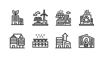 Eco-friendly city icons: renewable energy, sustainability, green buildings, agriculture, recycling