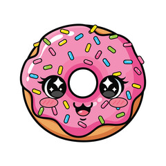 A cute cartoon donut with a pink frosting and colorful sprinkles Vector