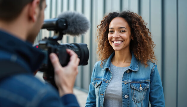 Woman smiles interviewed by camera operator. Person films subject in urban setting. Media pro records content outside building. Curly hair, wears denim jacket. Communicating for news.