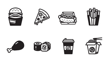 Fast Food Icons: Burger, Pizza, Hot Dog, Fries, Chicken, Sushi, Coffee, Noodles