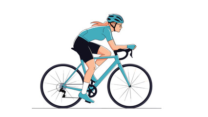 Obraz premium Female athlete in professional cycling gear and a blue helmet rides her road bike with focus and determination on a white background.