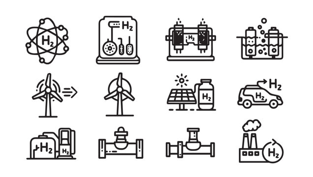 Hydrogen Energy Icons Set: Atom, Turbine, Solar, Car, Factory, Pipeline