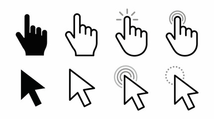 Obraz premium Set of computer cursor icons: black and white hand cursors and arrow pointers in multiple styles for UI design