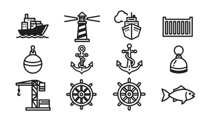 Nautical Icons Collection: Ships, Anchors, Lighthouse, Crane, Wheel, Fish, Buoy © VCT