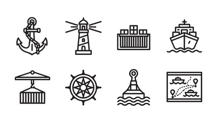Nautical Icons Set: Anchor, Lighthouse, Ship, Container, Wheel, Buoy, Map - Line Art © VCT