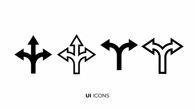 Set of four black road intersection icons showing turn and merge directions on white background, vector-style signs for traffic illustration