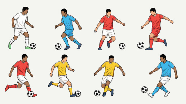 Comprehensive collection of male soccer players performing various actions like dribbling, kicking, and running in different uniforms.