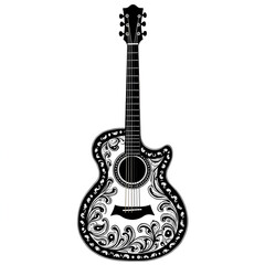 Obraz premium Ornamental Guitar Silhouette: A meticulously crafted acoustic guitar in an elegant black and white silhouette, adorned with intricate floral patterns, showcasing artistry and musical passion.
