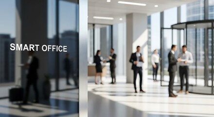 Fototapeta premium Modern smart office environment with professionals collaborating and networking