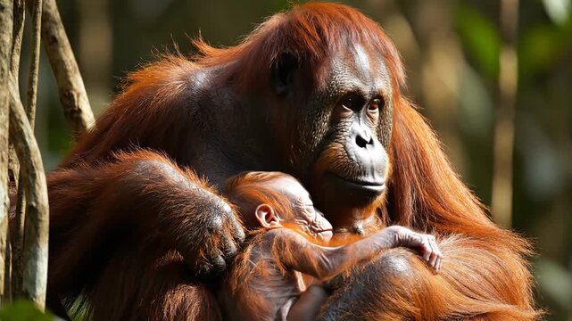 Mother Orangutan Cradles Infant in Tender Forest Embrace