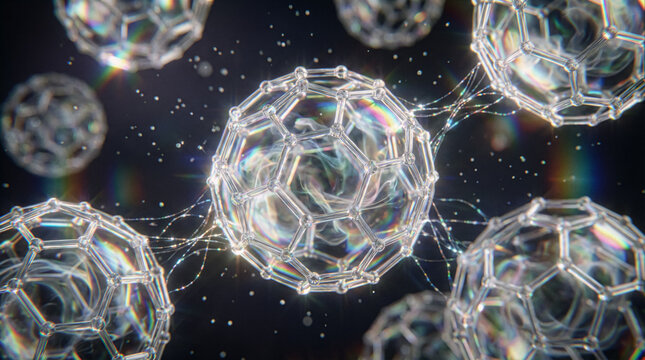 Futuristic buckyballs connect with authentic cinematic lighting on a dark background
