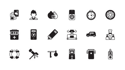 Set of 18 diverse icons representing various objects and concepts, black and white, stock media