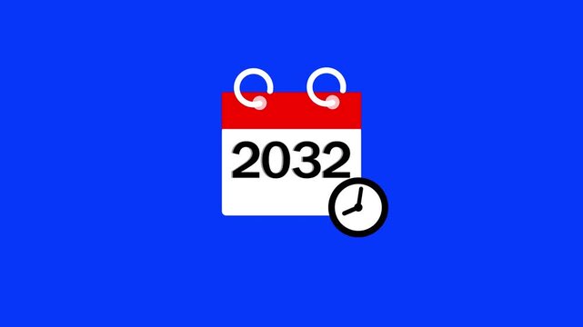 2032 calendar page icon animation. Clock countdown icon 4k video. 2032 number animated background.