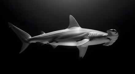 A shark swimming in dark waters with a beam of light