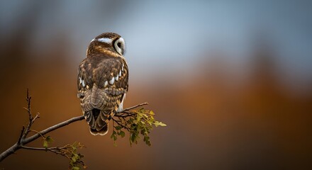 A small owl perched on a branch with a blurred background