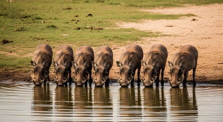 A herd of warthogs gathered at a watering hole on a sunny day