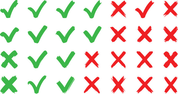 Hand Drawn Green Check Mark and Red Cross Set, Brush Stroke Tick and X Symbol Collection, Doodle Yes No Approval Rejection Design Elements