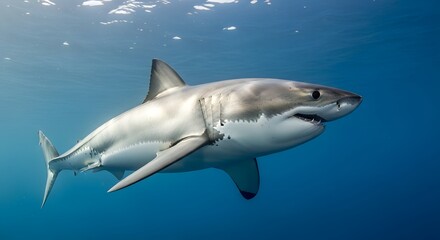 A majestic gray shark swims through the clear blue ocean waters
