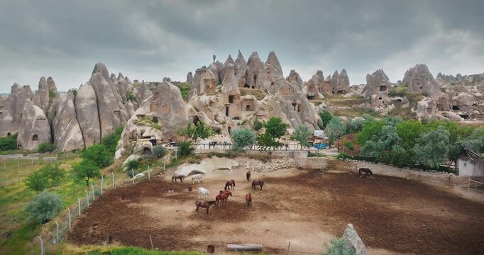 Drone rising to a bird's-eye view over wild horses and fairy chimneys in Cappadocia, Turkey. Stunning nature and unique volcanic landscape with ancient cave dwellings under a cloudy sky.