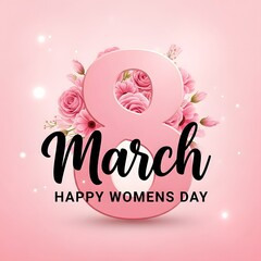 Happy women's day celebration in march with pink flowers and typography