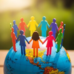 Diverse group of people holding hands around the globe in unity