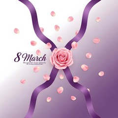 International womens day 8th march celebration with purple ribbon and pink rose