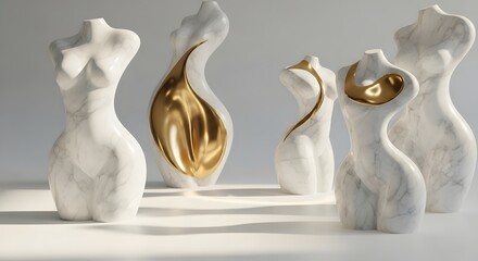 Abstract female figurines with gold accents on white background