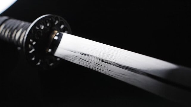 Katana sword blade with tsuba guard, close-up, metallic sheen, dramatic lighting, on black background, Japanese, samurai, martial arts, steel, traditional, cultural, weapon, sharp, edge, iso