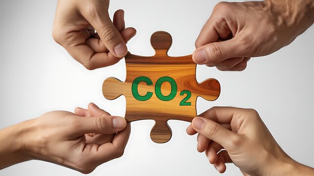 Four hands holding puzzle pieces with co2 logo for environmental concept