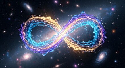 Vibrant infinity symbol in cosmic space with stars and galaxies
