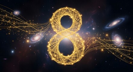 Glowing infinity symbol in space with galaxies and stars