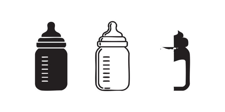 Baby bottle vector icon set in black silhouette, outline, and colored styles, 1x3 grid layout, minimal flat design, centered composition, isolated on white background with clear white space.